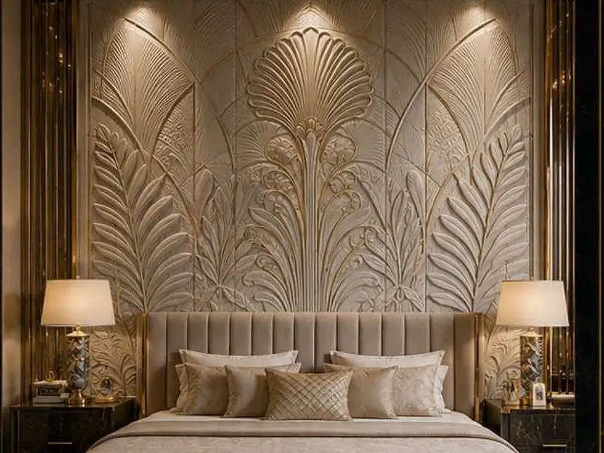 CNC Designer Stone Panels – Botanical Fan Backdrop