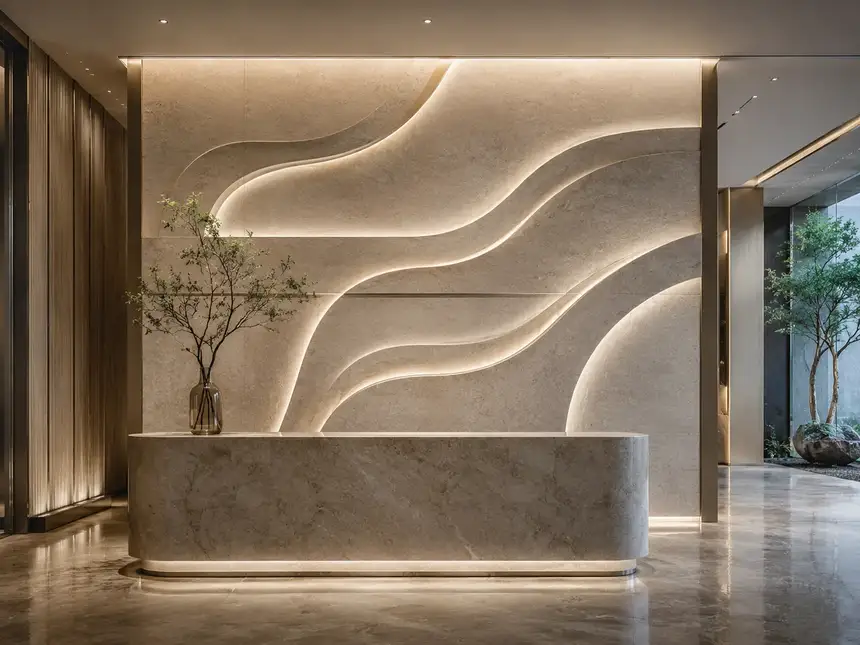IVA International cladding: Elegant Minimalist Lobby With Sculpted Wall