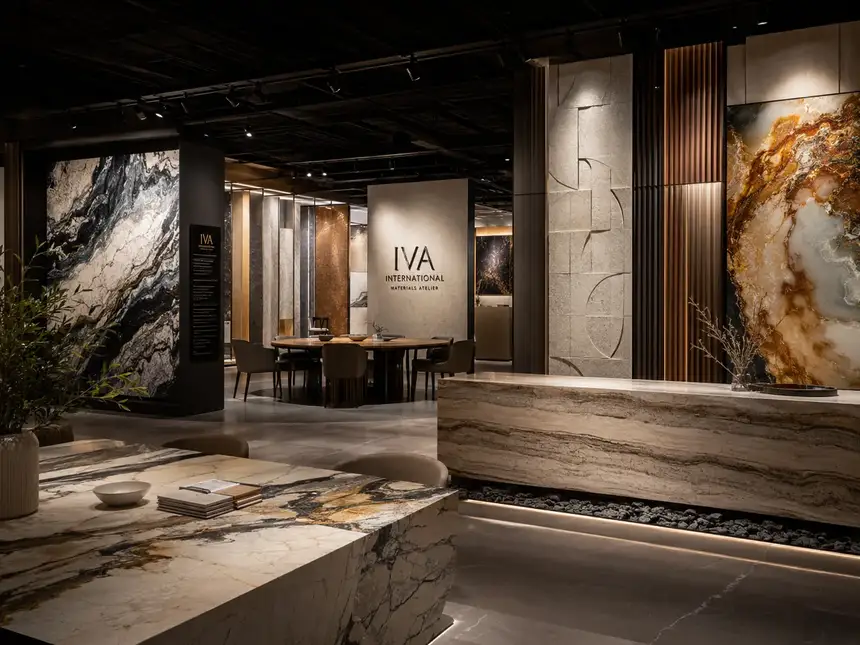 IVA International tiles: Luxurious Materials Showroom With Dramatic Lightin