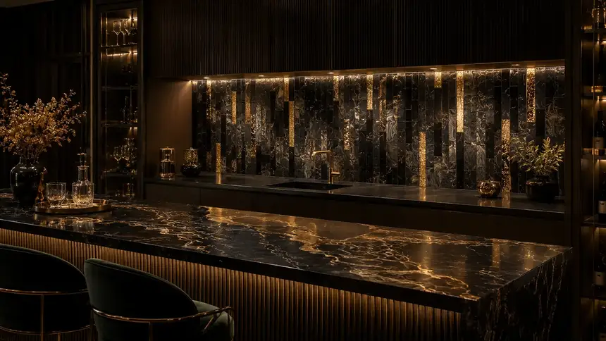 IVA International world: Luxurious Moody Kitchen With Gold Accents