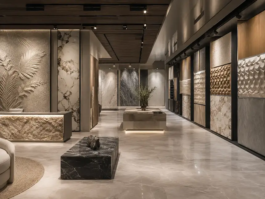 IVA International world: Modern Showroom With Sleek Stone Features
